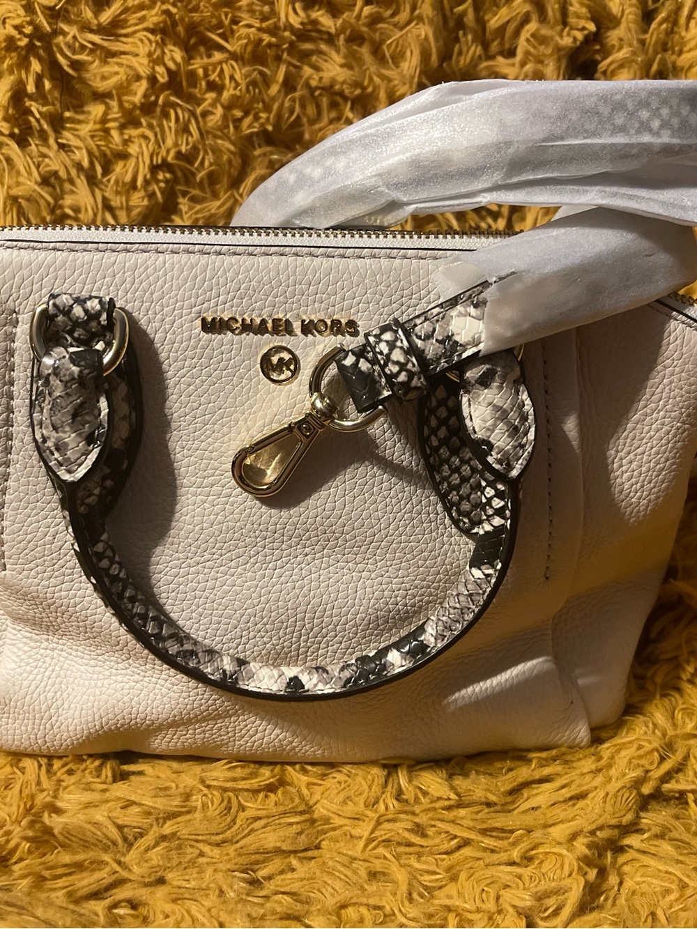 Michael Kors White Pebbled Crossbody Satchel with Black-and-White Snake Trim